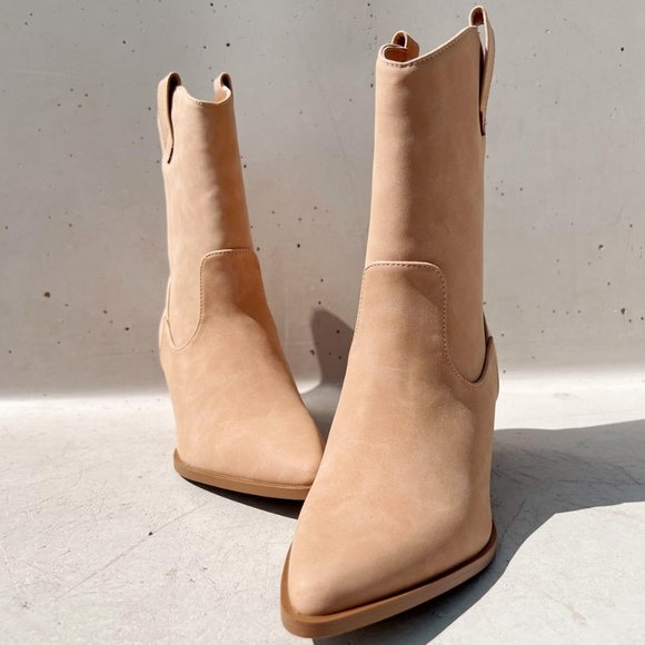 NEW Tan Distress Nubuck Faux Leather Pointy Toe Block Heel Western Ankle Boots - Picture 2 of 11
